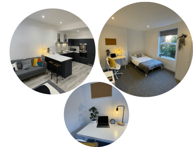 3 images showing student luxury student kitchen, lounge and bedroom
